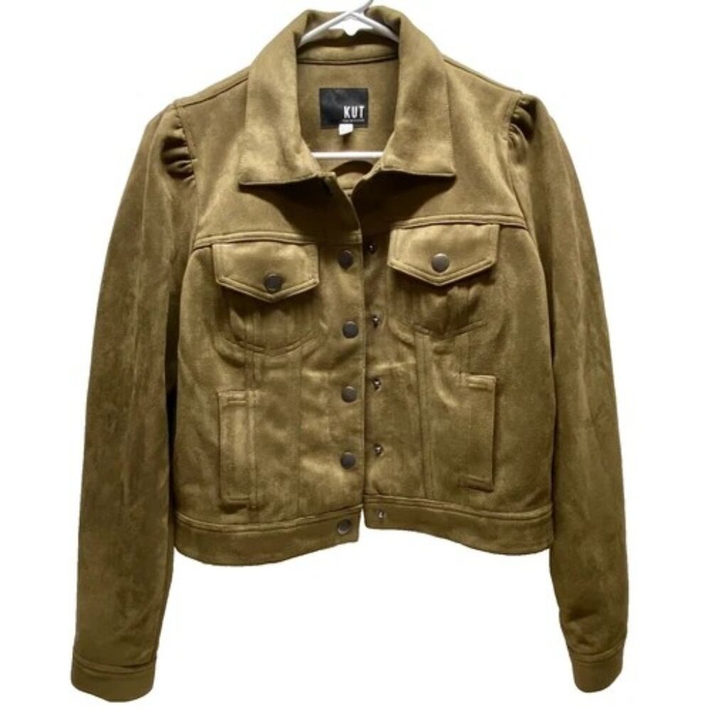 KUT Faux‎ Suede Cropped Jacket Women's Small Green Brown Western Motto Coat EUC
